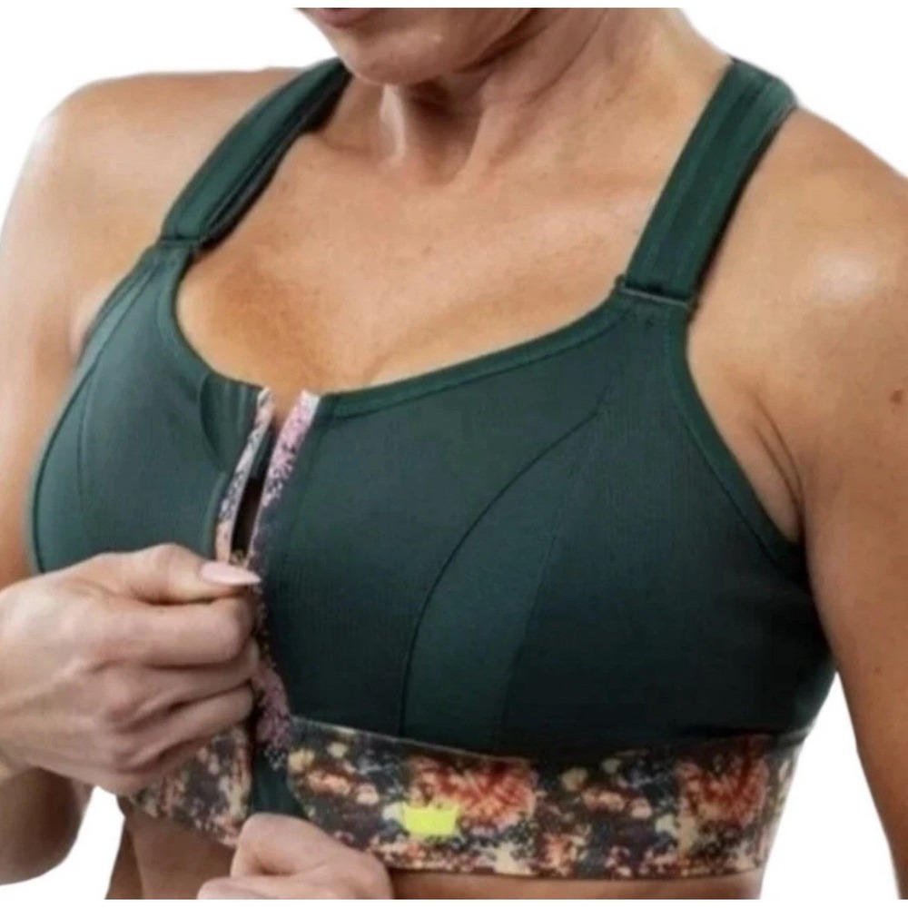 SHEFIT Ultimate Sports Bra 4-Luxe Forest Green Floral High Impact Zip Front NEW